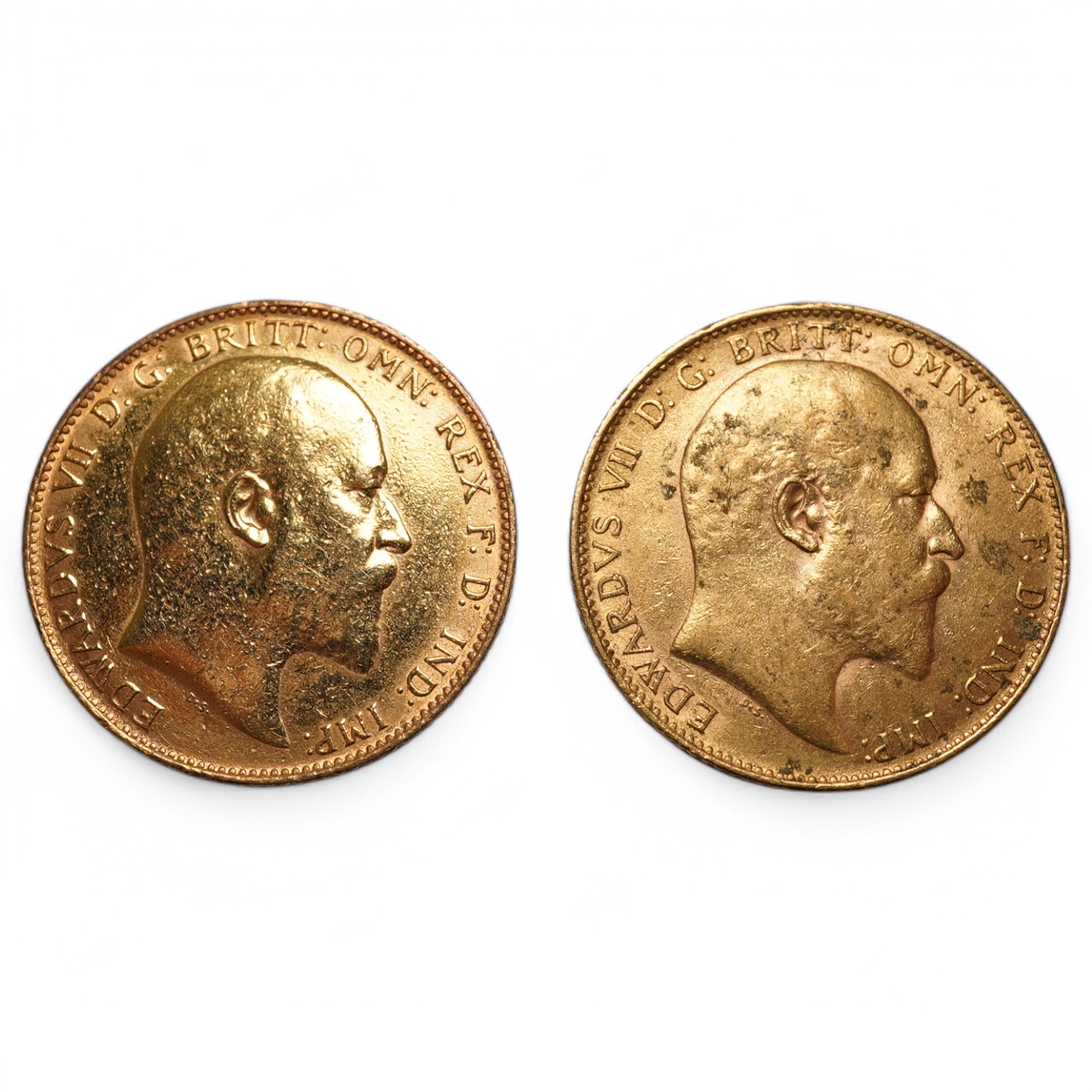 British gold coins, Edward VII, two gold sovereigns, 1909, demounted about VF, and 1910, probably demounted about VF